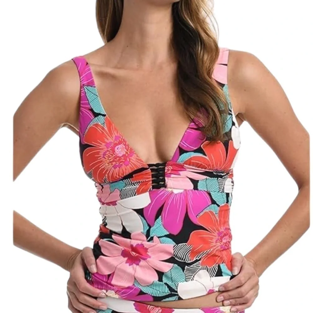 La Blanca Floral Plunge Knot Detail Tankini Top Pink Multicolored Size 4
